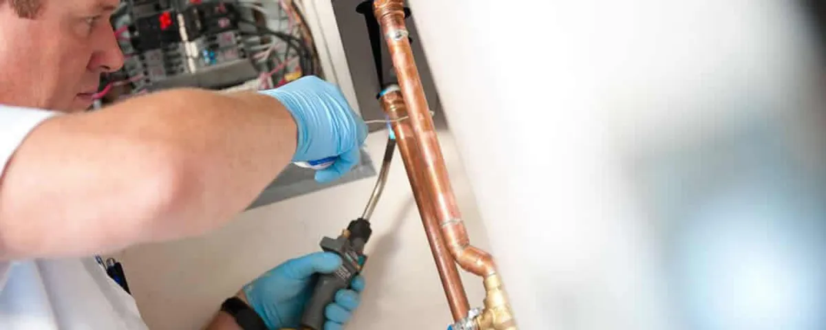 Water heater repair technician testing copper pipe connections and controls in Santa Rosa, CA